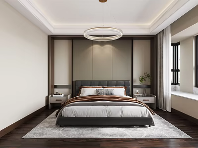 Modern Bedroom Interior Design With Dark Headboard Bedside Tables Area Rug And Ceiling Light 3d model