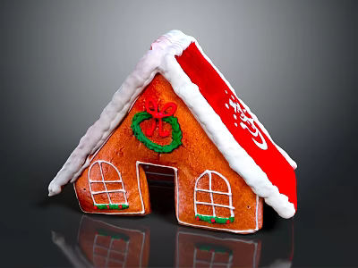 Festive Gingerbread House with White Frosting Roof Green Wreath Red Bow and Decorative Windows 3d model
