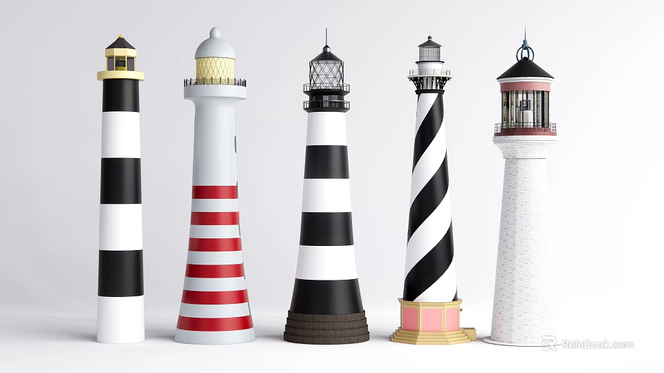 Colorful Lighthouses With Various Striped Designs And Decorative Styles 3d model 