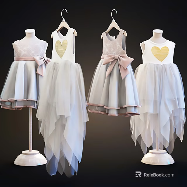 Cute Children's Dresses With Lace Gold Heart Pink Bow And Tulle Skirt On Mannequins 3d model 