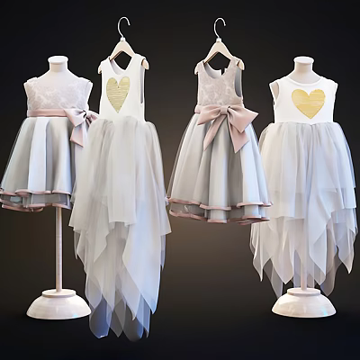 Cute Children's Dresses With Lace Gold Heart Pink Bow And Tulle Skirt On Mannequins 3d model