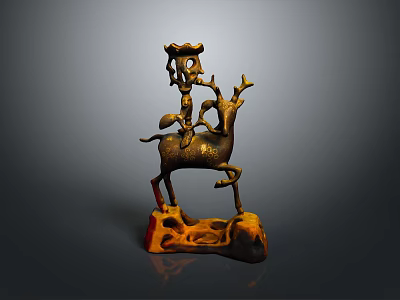 Ornate Bronze Sculpture With Riding Deer Figure On Stone Base And Gold Black Hues 3d model