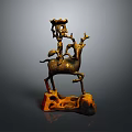 Ornate Bronze Sculpture With Riding Deer Figure On Stone Base And Gold Black Hues