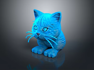Blue Cat Figurine with Bright Blue Eyes on Black Background and Shiny Reflection 3d model