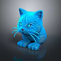 Blue Cat Figurine with Bright Blue Eyes on Black Background and Shiny Reflection