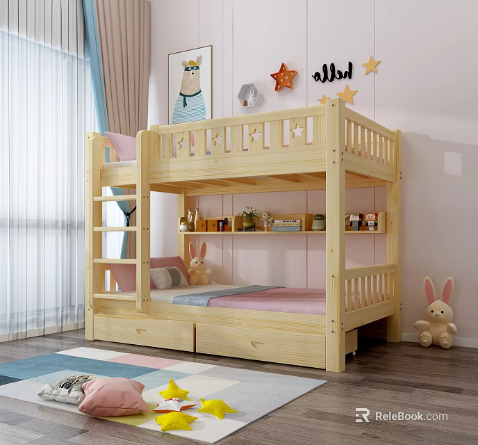 Wooden Bunk Bed In Kids Room With Storage Drawers Star Decorations And Rabbit Toy 3d model 