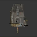Cartoon Scene of Fairy Tale House with Pointed Towers Brick Walls Chimneys and Arched Windows