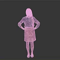 Woman In Blue Shirt And Pink Skirt Standing With Hands On Hips Against Gray Background