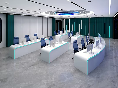 Modern Monitoring Room Interior Design With Control Desks Computer Monitors And Blue Chairs 3d model