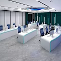 Modern Monitoring Room Interior Design With Control Desks Computer Monitors And Blue Chairs