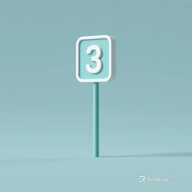 White Framed Number 3 Sign Standing On Light Blue Background Pole 3d model 