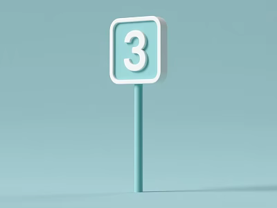 White Framed Number 3 Sign Standing On Light Blue Background Pole 3d model