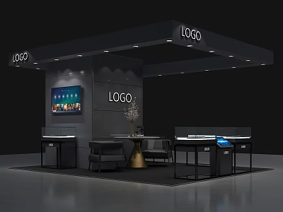 Modern Exhibition Booth Design With LOGO Displays Screen Lighting Tables And Chairs 3d model