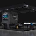 Modern Exhibition Booth Design With LOGO Displays Screen Lighting Tables And Chairs