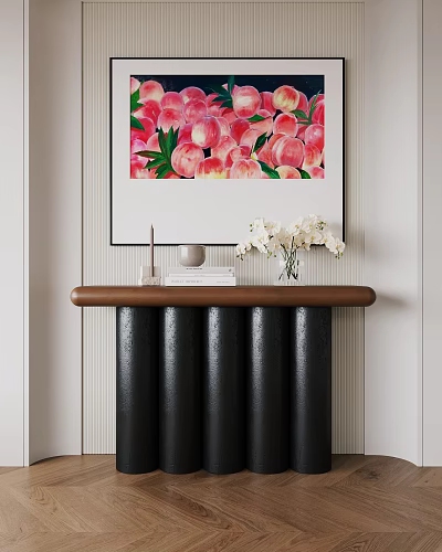 Elegant Entryway Console Cabinet With Peach Painting White Flowers Books And Black Wooden Top 3d model