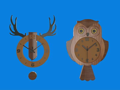 Wooden Deer Antler And Owl Shaped Clocks On Blue Background 3d model