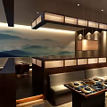 Japanese Style Restaurant Interior With Wooden Decor Hanging Lamps And Teppanyaki Tables