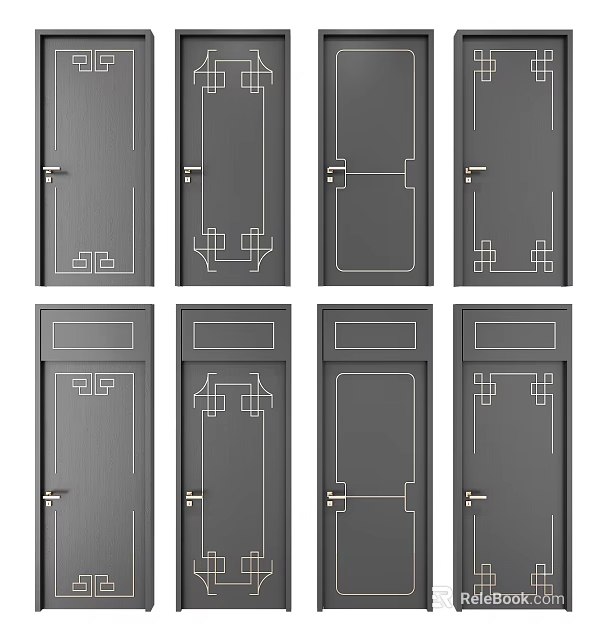 Modern Gray Hinged Doors With Various Decorative Line Patterns And Handles 3d model