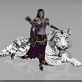 Elf Warrior in Purple Armor Holding Weapon Standing Beside White Tiger With Black Stripes