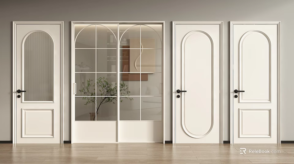 Modern Glass Sliding Doors in Interior With White Doors And Wooden Floor 3d model 