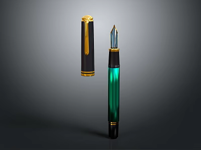 Premium Fountain Pen Set With Black Gold Trim Cap Green Body And Polished Nib Design 3d model