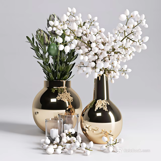 Gold Vases With White Flowers And Green Leaves For Modern Home Decor 3d model 