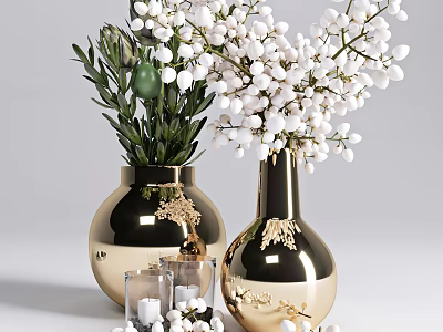 Gold Vases With White Flowers And Green Leaves For Modern Home Decor 3d model