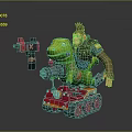 Mohawk Character In Leather Jacket Riding Green Dinosaur Creature On Red Tracked Vehicle With Mechanical Gun