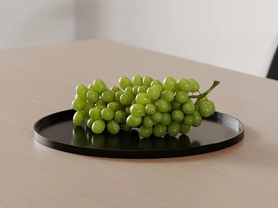 Fresh Green Grapes Placed on Black Plate Over Light Wooden Table 3d model