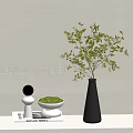 Modern Decorative Ornament Set With Geometric Figurine Vase Green Plant And Moss Bowl On Books