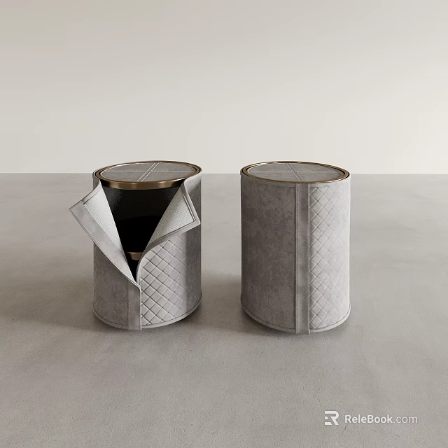Modern Cylindrical Gray Fabric Stools with Quilted Pattern and Metal Tops 3d model