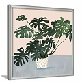 Four Framed Plant Paintings With Monstera And Leafy Potted Plants On Blue Wall