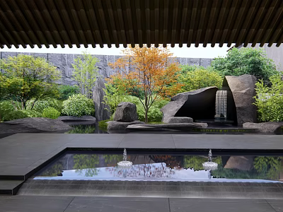 Rockery Stones In Garden Courtyard With Green Plants Trees Pool Water Reflections And Wooden Roof 3d model