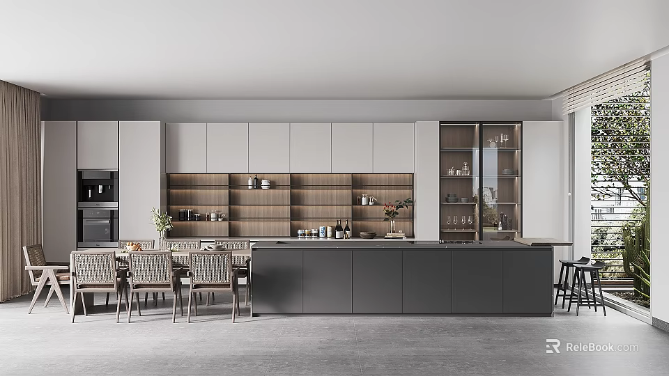 Modern Kitchen Interior Design With Cabinets Island Counter And Dining Chairs 3d model