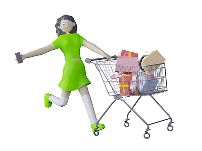 Female Game Movie Character in Green Dress Pushing Shopping Cart With Gift Boxes 3d model