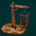 Medieval Style Wooden Metal Decorative Ornament Set With Spiked Cage On Brick Base