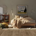 Cozy Double Bed Bedroom Interior With Pillows Blanket Dresser Nightstand And Framed