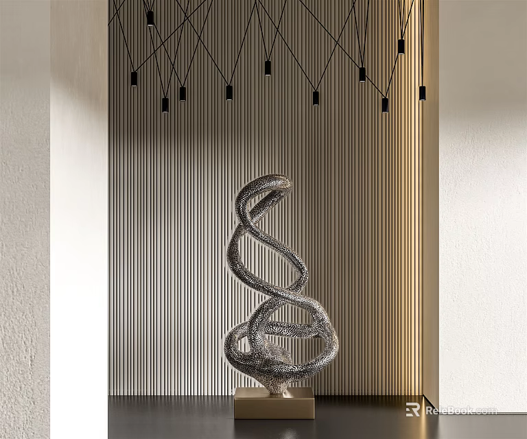 Modern Twisted Metal Sculpture In Indoor Space With Striped Wall And Hanging Pendant Lights 3d model 