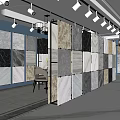 Modern Tile Showroom Interior With Various Textured Wall Tiles And Metal Display Racks