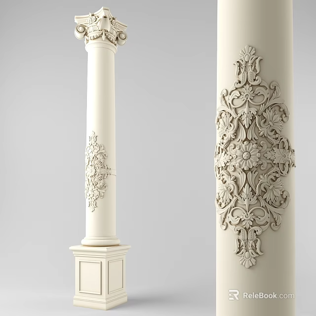 Elegant White Architectural Column Components With Intricate Carved Floral Details 3d model