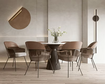 Modern Round Dining Table With Brown Upholstered Chairs Circular Decorative Mirror And Fresh Flowers 3d model