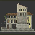 Modern Scene 3D Model of Small Buildings with Red Tile Roofs Yellow Walls Courtyard Tree and Tables Chairs