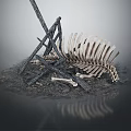 Large Fish Skeleton And Metal Structures On Deserted Archaeological Ground 3d model