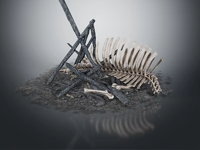 Large Fish Skeleton And Metal Structures On Deserted Archaeological Ground 3d model