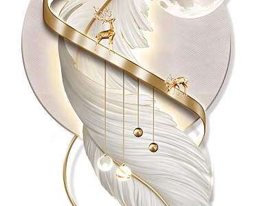 Golden Deer Feather Decorative Art With Moon Hanging Balls And Golden Ribbon 3d model
