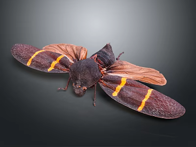 Brown Moth With Yellow Stripes On Its Spread Wings And Dark Body Against Dark Background 3d model