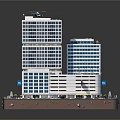 Cartoon Style City Scene with Tall Glass Buildings Helicopter on Rooftop Street Vehicles and Greenery