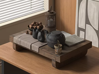 Traditional Tea Set on Wooden Tray with Walnuts Lantern and Book Near Window Blinds 3d model