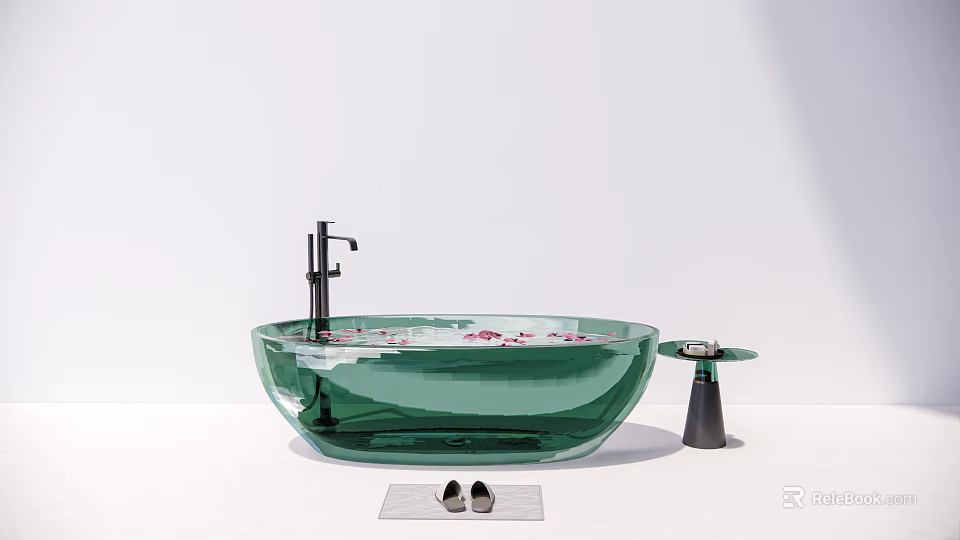 Green Glass Oval Bathtub With Flower Petals Faucet Side Table And Slippers 3d model 