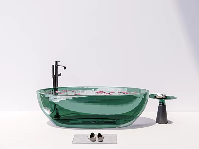 Green Glass Oval Bathtub With Flower Petals Faucet Side Table And Slippers 3d model